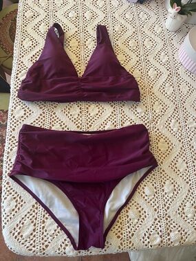 NWOT Women’s Deep Plum Two-Piece Bikini Set - High Waist Swim Bottoms